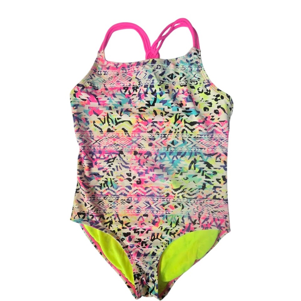 Mambo Swimsuit Girls 14 Multicolor Neon Aztec Strappy One Piece Surf Boho‎ Y2K